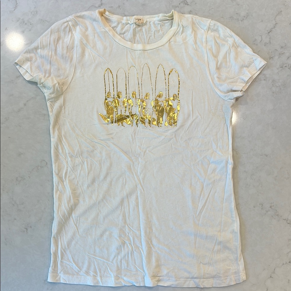 J. Crew Fitted White and Gold Surfer Graphic Cotton Tee Sz Medium